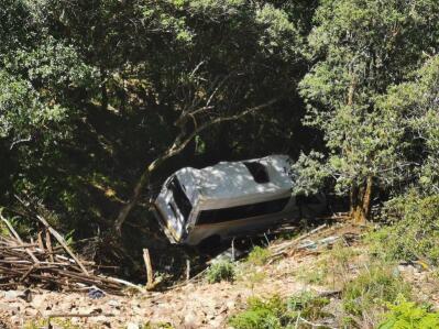 The wreck of a white minibus taxi in trees at the bottom of a steep mountainside.
