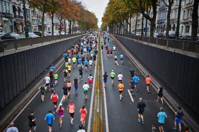Runners competing in a city a marathon.