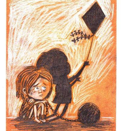 A cartoon shows a child chained to a metal ball while dreaming of flying a kite.
