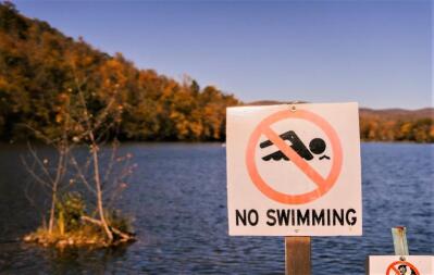 A sign that says no swimming. 