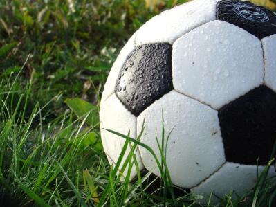 Wet soccer ball on green grass
