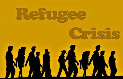 A graphic showing a line of refugees.