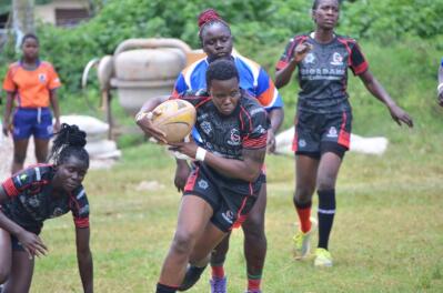 Charlotte Mudoola of Ugandan women's rugby team Black Pearls in action