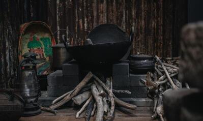 A black home-made stove.